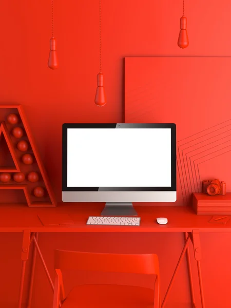 Abstract red modern workspace. 3d rendering