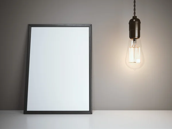 Blank white frame with glowing bulb. 3d rendering