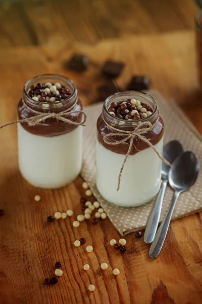 Delicious dessert with frozen yogurt and white, brown chocolate