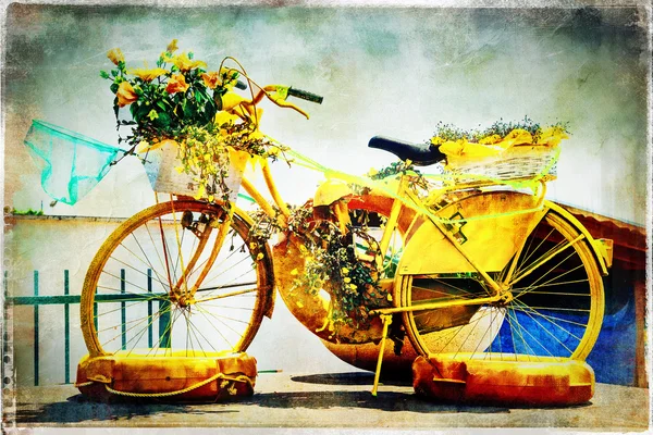 Retro postcards - floral bike, artwork in painting style