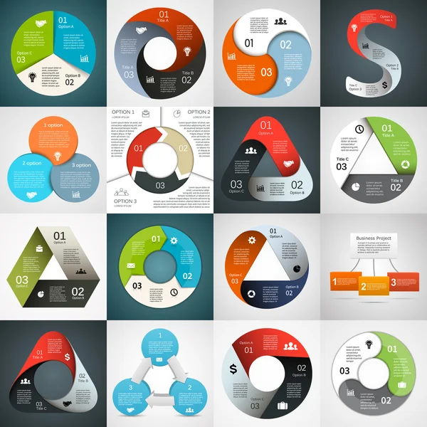 Vector circle triangle infographics set. Template for diagram, graph, presentation and chart. Business concept with 3 cyclic options, parts, steps or processes. Abstract background.