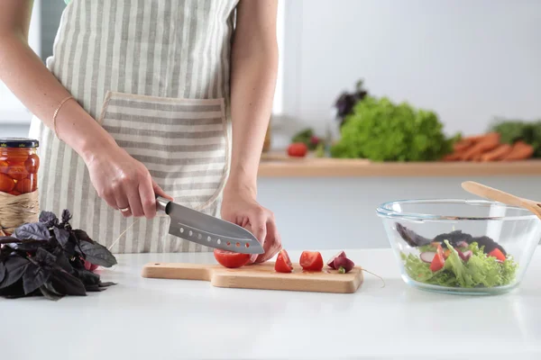 Cook\'s hands preparing vegetable salad - closeup shot