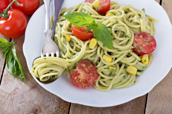 Vegan pasta with avocado sauce
