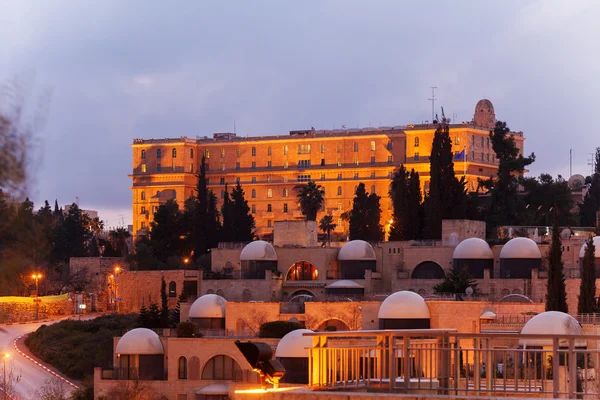 Night View of Jerusalem Streets with King David Hotel Building,