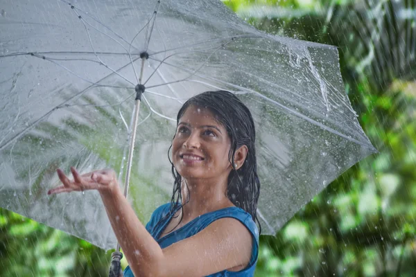 Smiling Woman enjoying the rain