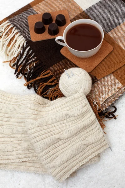 Cozy winter home background, cup of hot cocoa and chocolate, war