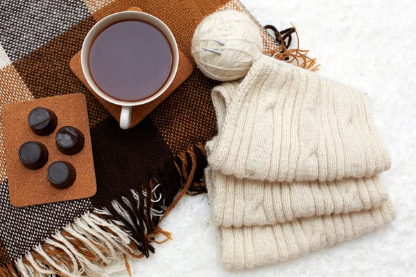 Cozy winter home background, cup of hot cocoa and chocolate, war