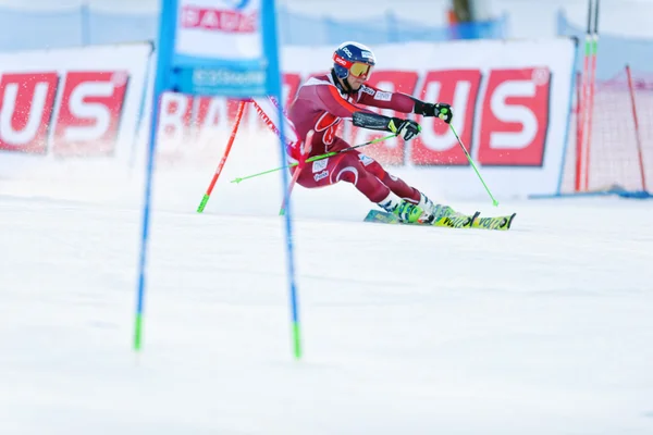 Slalom racer doing a test run at the course FIS SKI WORLD CUP