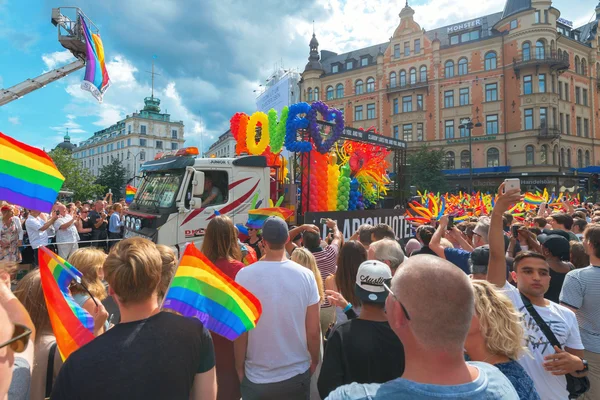Pride parade in Stockholm and the parade going thru Stureplan