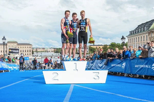 The three podium winners in the Mens ITU World Triathlon Series