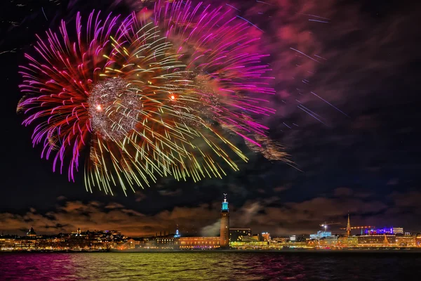 Fireworks over the town hall in Stockholm