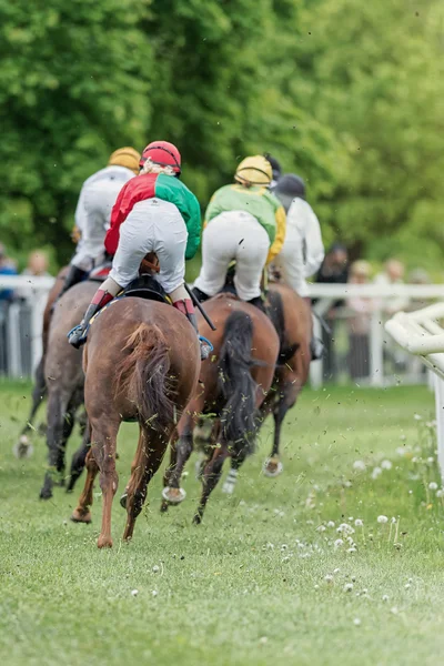 Jockeys passed by into a curve at the Nationaldags Galoppen at G