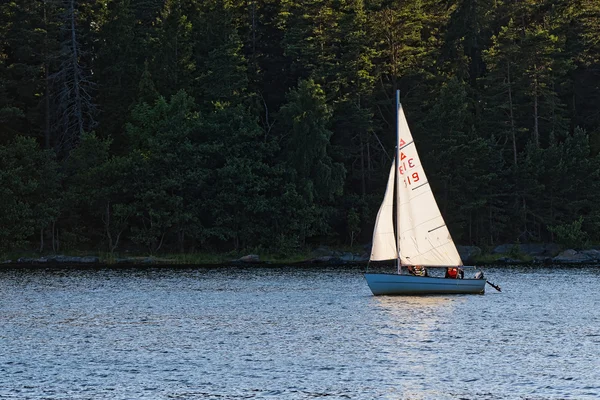 Small sailboat against a dark green background