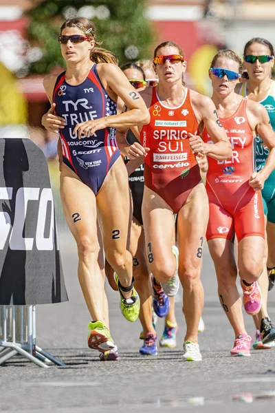 The winner Sarah True (USA) into a curve at the Womens ITU World