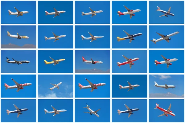 Set of different airplanes, from different airlines such as Ryanair, Iberia, British Airways, Jet 2 , Tuy, taking off or landing in Tenerife airport, Spain.