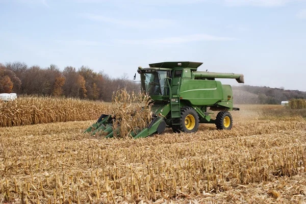 Farmer in a John Deere combine harvesting corn