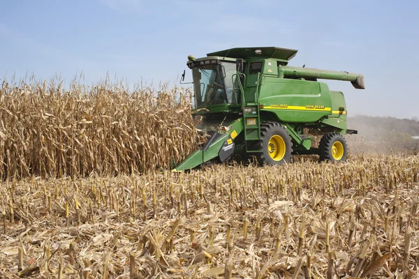 Farmer in a John Deere combine harvesting corn
