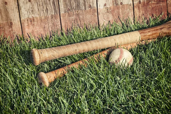 Vintage baseball and bats on grass near old wooden fence