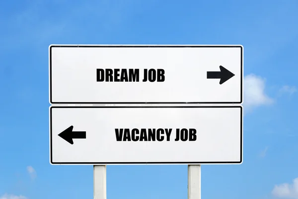 Dream Job direction. White traffic sign on blue sky background