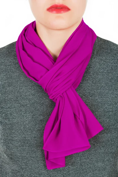 Silk scarf. Lilac silk scarf around her neck isolated on white background.