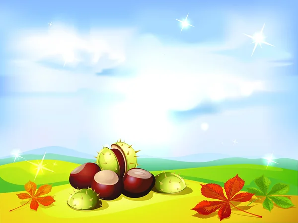 Autumn landscape background with chestnuts- vector illustration