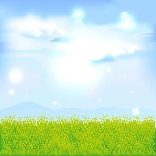 Landscape with green grass and blue sky - vector illustration