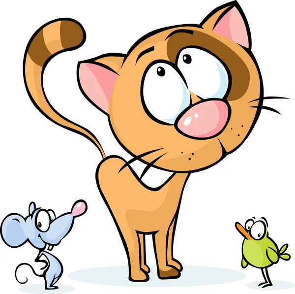 Cute vector animal - cat, mouse and bird cartoon
