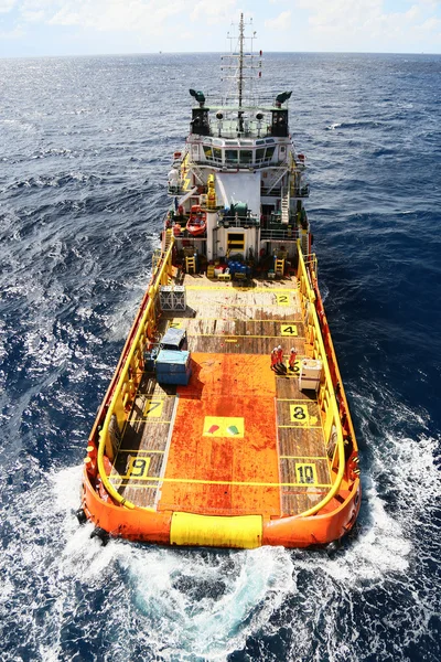Supply boat transfer cargo to oil and gas industry and moving cargo from the boat to the platform, boat waiting transfer cargo and crews between oil and gas platform with the boat.