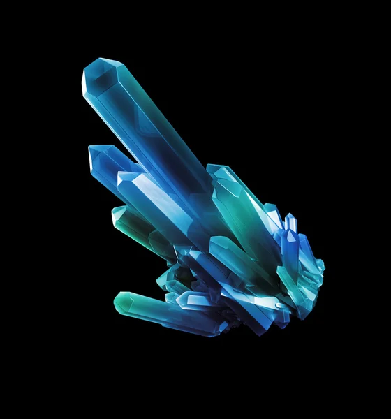 Blue green crystals, geological shapes, 3d object isolated on bl