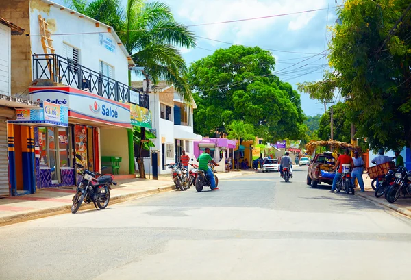 LAS TERRENAS, SAMANA, DOMINICAN REPUBLIC - AUGUST 29, 2015: casual business day on one of the main street of Las Terrenas