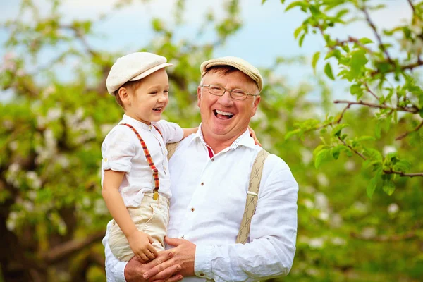 Happy grandfather and grandson having fun in spring garden