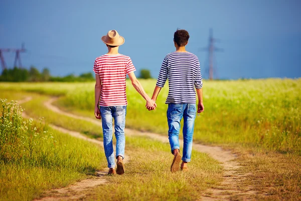 Young male couple walking away on summer field path