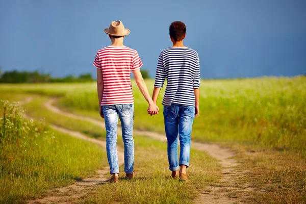 Young male couple walking away on summer field path