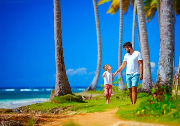 Happy father and son walking on the paradise island