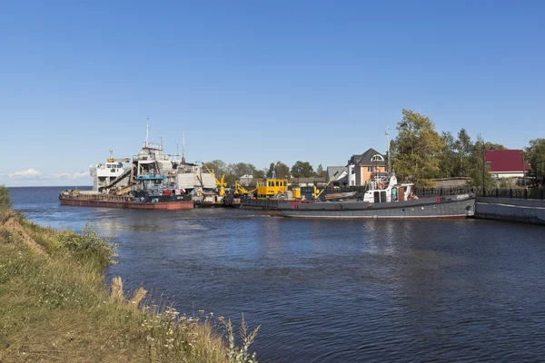 Vessels of technical fleet at the entrance to Belozersky bypass canal from the White Lake near the town of Belozersk Vologda region, Russia