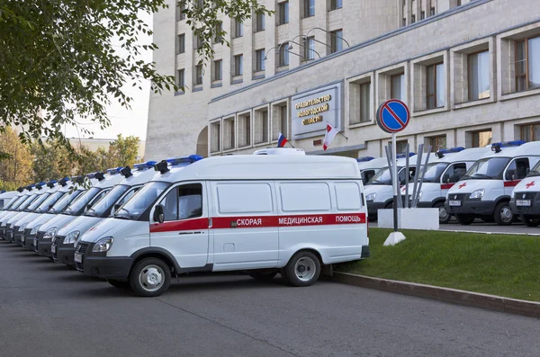 Many ambulances near the building Government of Vologda region, Russia