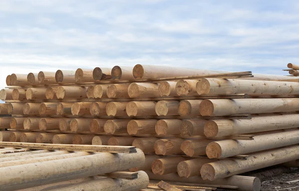 Cylindrical logs for log home, stacked in stack