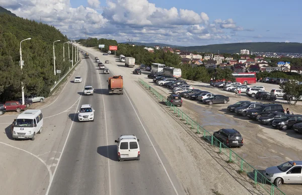 View of the Sukhumskoe highway with elevated pedestrian crossing near Safari Park in Gelendzhik, Krasnodar region, Russia