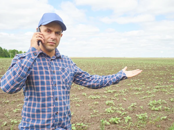 Farmer in a plaid shirt controlled his field.Talking on phone.
