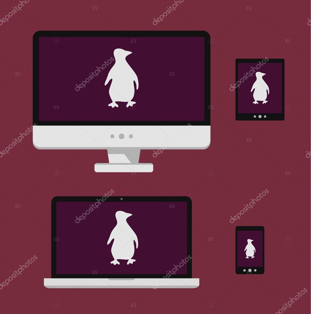 ベクトル イラスト ノート パソコン、スマート フォン、タブレット、白い linux ペンギン シルエット分離した