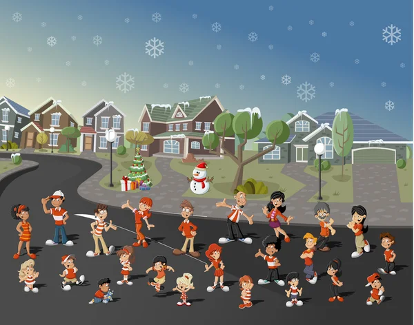 Cartoon people on suburb neighborhood on christmas night
