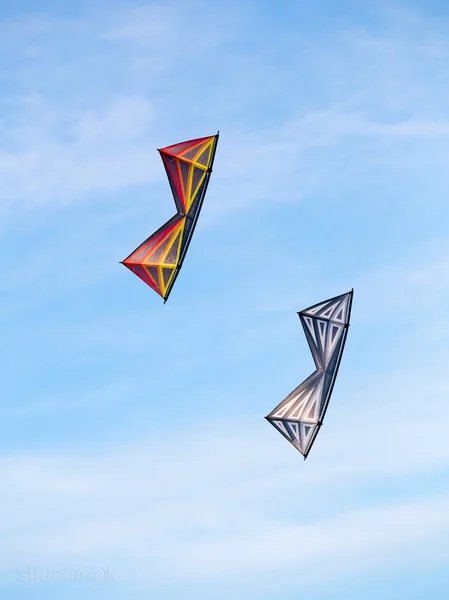 The pair of stunt kites perform aerobatics in the blue sunny summer sky