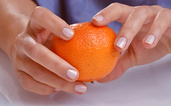 Hands holding tangerine fruit.