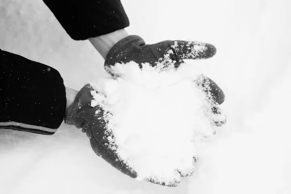 Snow in the man\'s hands in gloves, selective focus, black and white