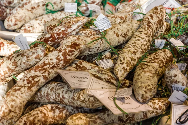 ROTTERDAM, NETHERLANDS - JULY 31, 2016: sausage on the market Hall, Rotterdam, Netherlands