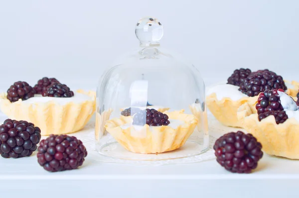 Tartlet with cream an fresh dewberries. Sweet berry summer desse