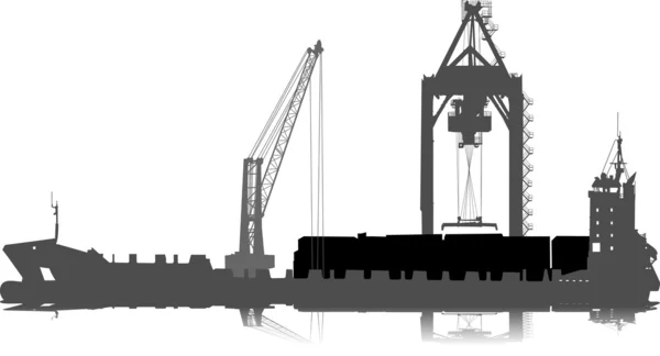 Silhouette of ship in port on unloading under the crane