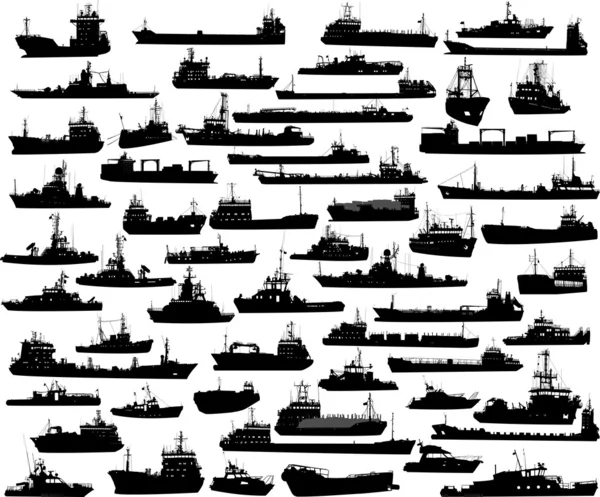 Vector set of 58 silhouettes of sea towboat and the ships