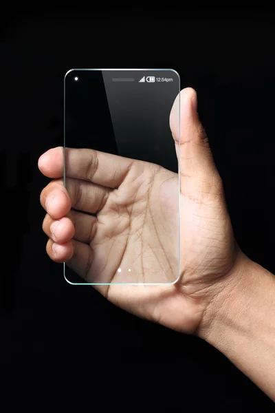 Hand holding futuristic transparent smartphone