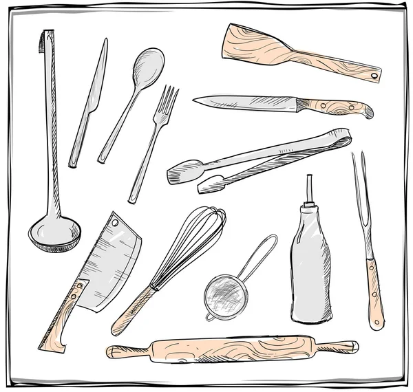 Hand drawn set of kitchen utensils graphic symbols.